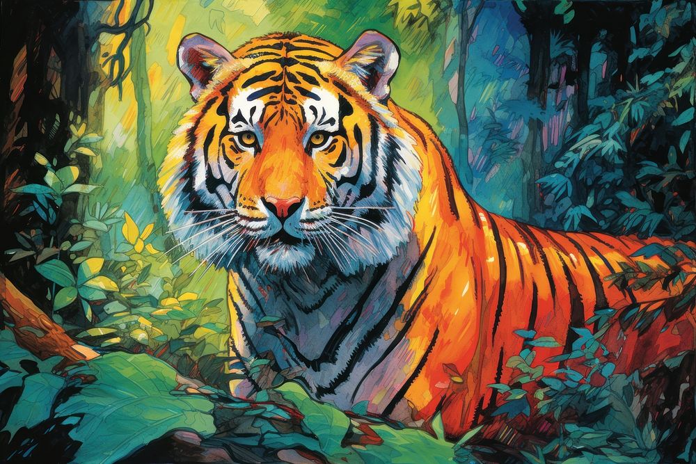 A tiger in deep forest wildlife outdoors animal. AI generated Image by rawpixel.