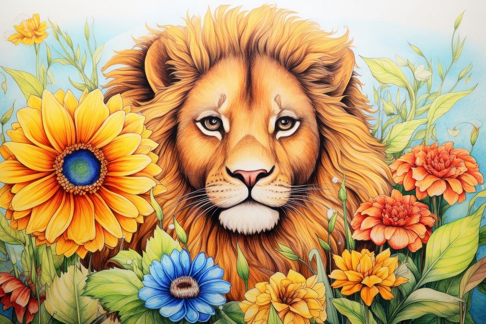 A lion with beautiful flowers and a bee drawing painting mammal. AI generated Image by rawpixel.