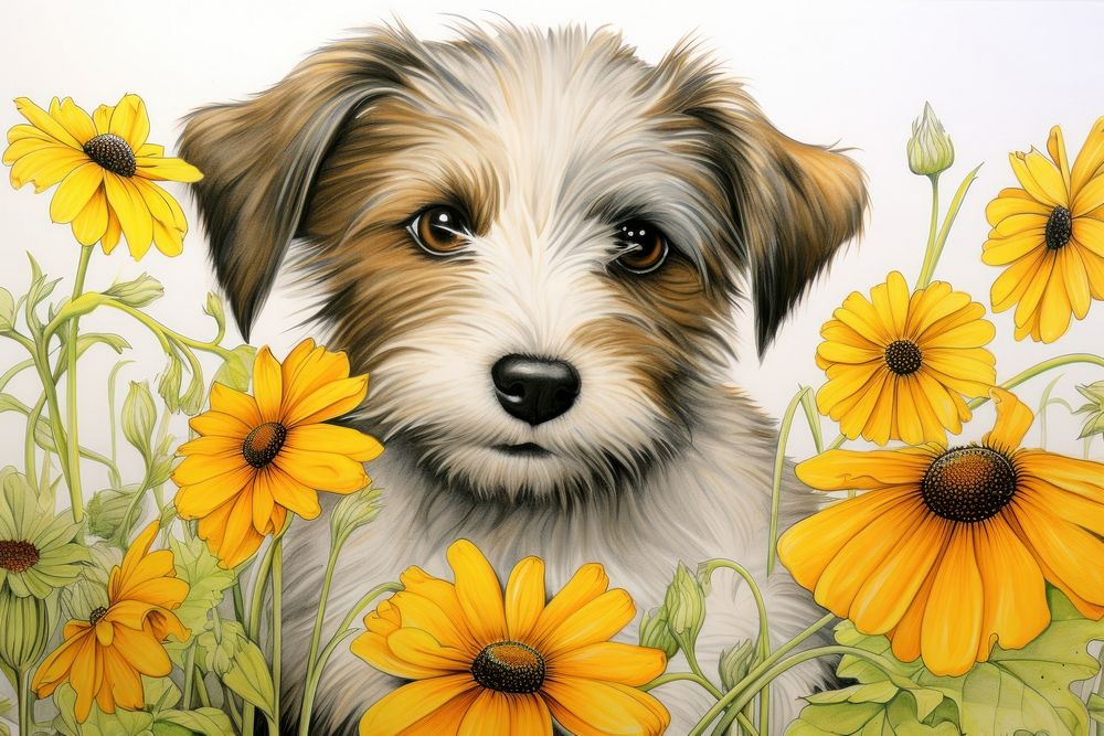 A dog with beautiful flowers and a bee drawing sunflower mammal. AI generated Image by rawpixel.