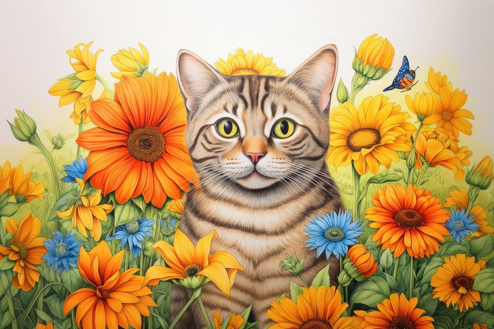 A cat with beautiful flowers and a bee painting drawing animal. AI generated Image by rawpixel.