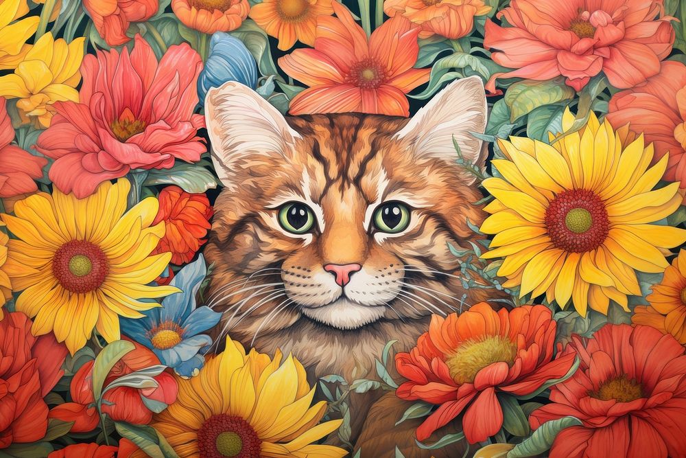 A cat with beautiful flowers and a bee painting pattern mammal. AI generated Image by rawpixel.