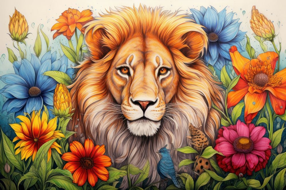 A lion with beautiful flowers and a bee painting drawing mammal. AI generated Image by rawpixel.