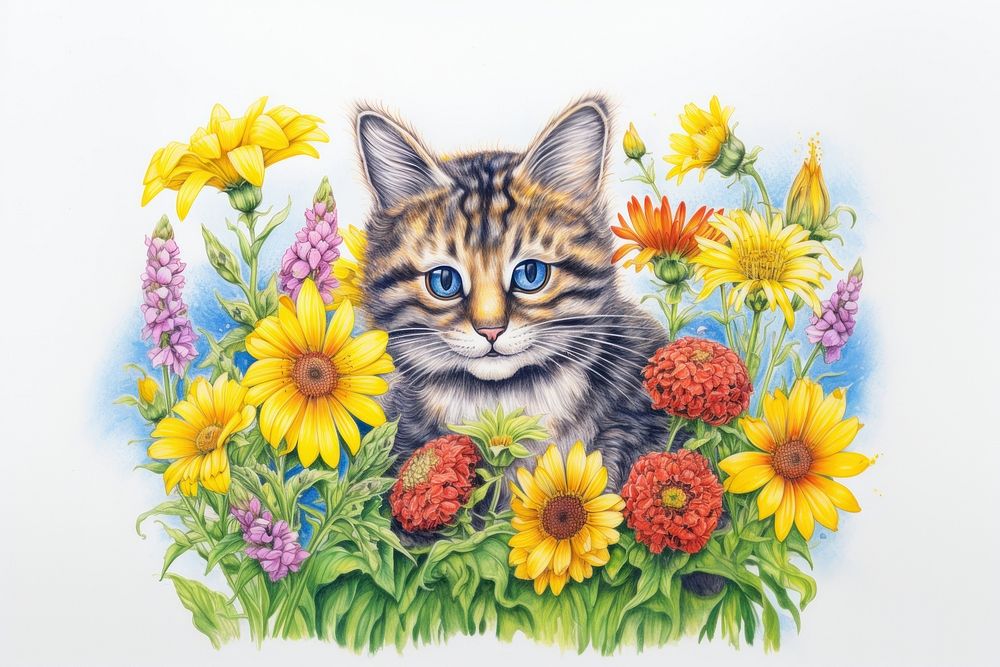 A cat with beautiful flowers and a bee drawing animal mammal. AI generated Image by rawpixel.