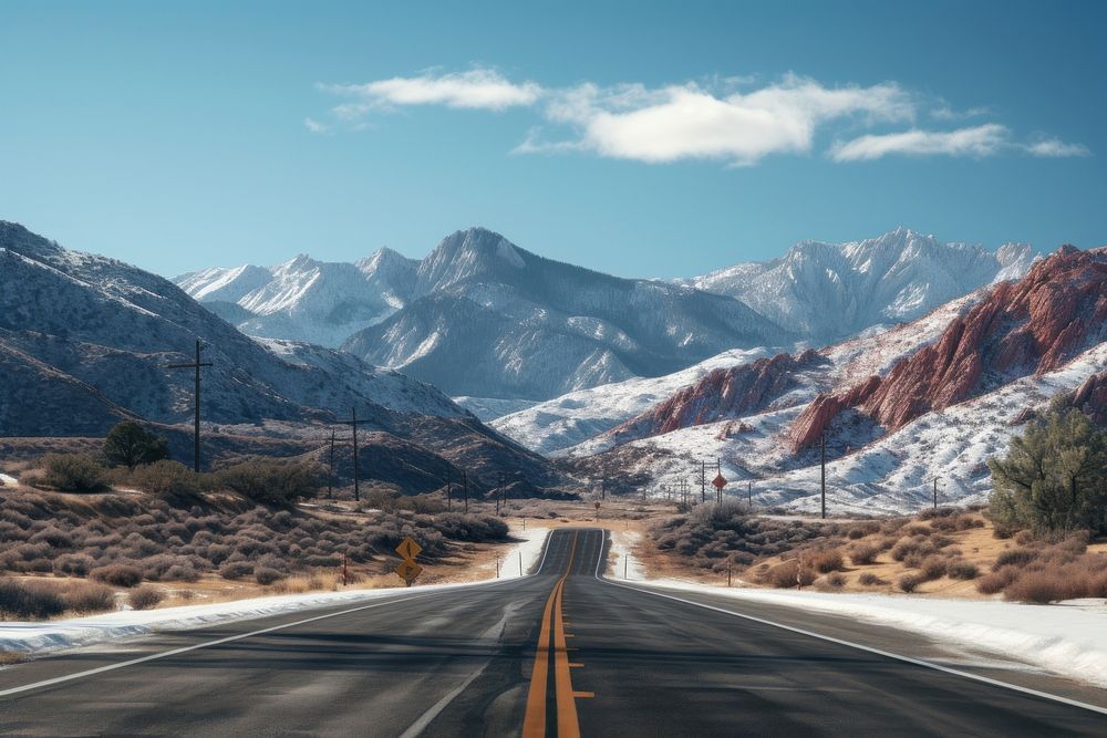A deserted mountain highway leading you to a snowy mountain outdoors nature road. AI generated Image by rawpixel.