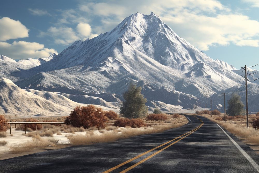 A deserted mountain highway leading you to a snowy mountain landscape outdoors nature. AI generated Image by rawpixel.
