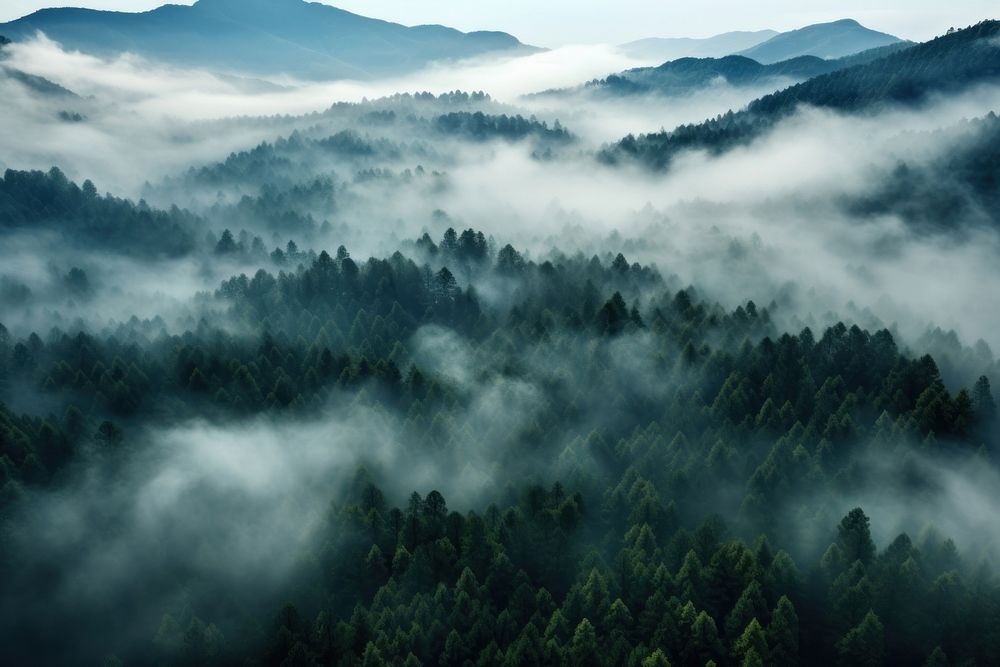 Forest cover in fog outdoors nature plant. AI generated Image by rawpixel.