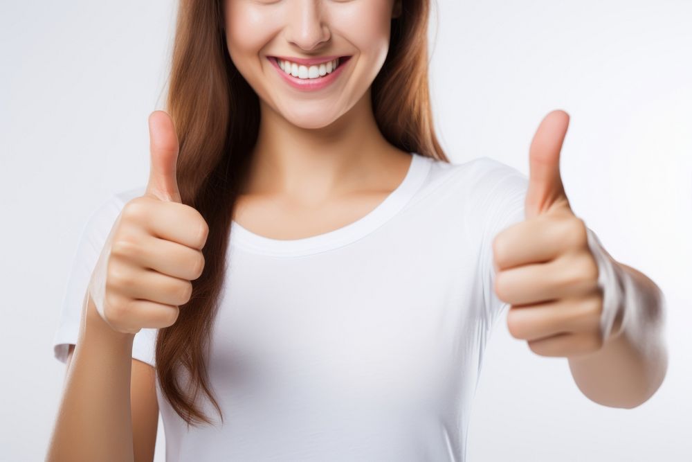 Girl showing thumb up smiling finger hand. AI generated Image by rawpixel.