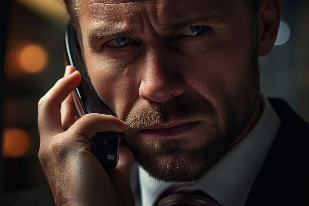 Businessman talking on the phone portrait worried adult. AI generated Image by rawpixel.