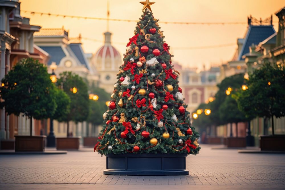 Christmas tree architecture illuminated celebration. AI generated Image by rawpixel.