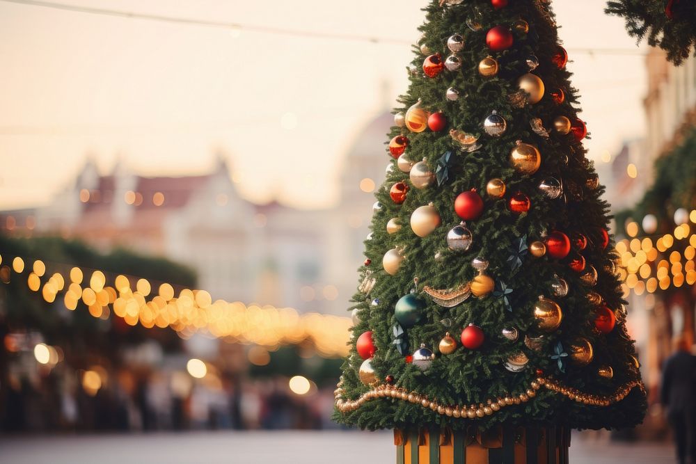 Christmas tree architecture illuminated celebration. AI generated Image by rawpixel.