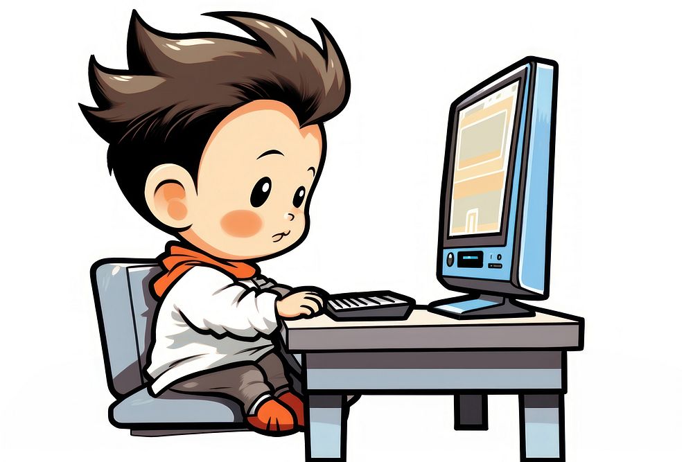 Isolated a baby boy gamer playing computer game on his computer furniture cartoon table. AI generated Image by rawpixel.