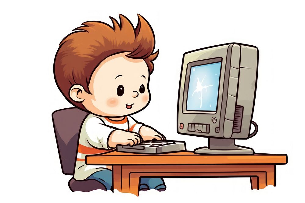 Isolated a baby boy gamer playing computer game on his computer cartoon furniture table. AI generated Image by rawpixel.