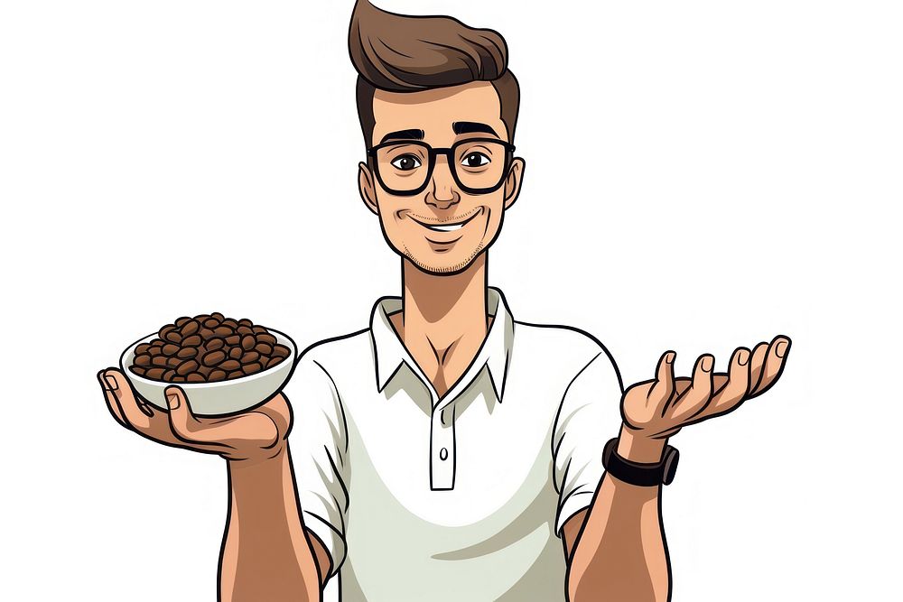 Isolated a barista show coffee beans in his hands glasses cartoon adult. AI generated Image by rawpixel.