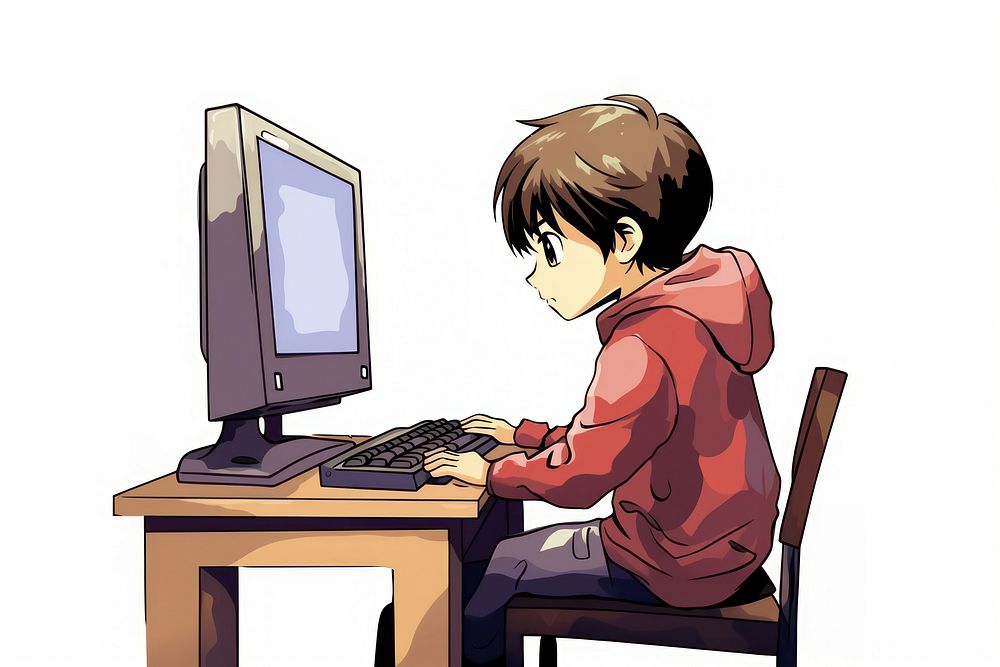 Isolated a boy gamer playing computer game on his computer cartoon electronics publication. AI generated Image by rawpixel.