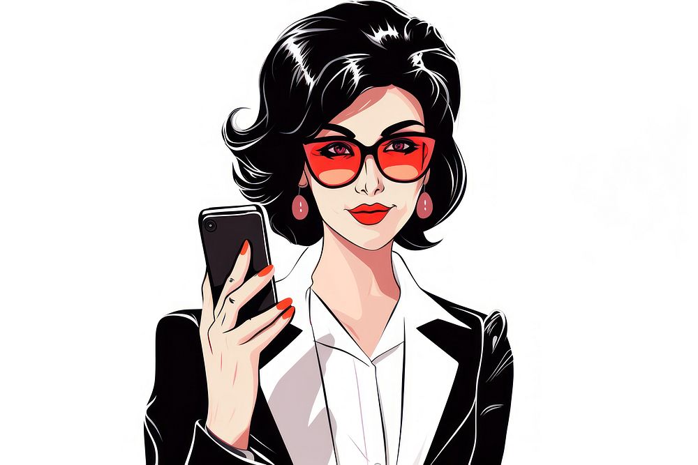 Isolated businesswoman with mobile phone glasses cartoon drawing. AI generated Image by rawpixel.