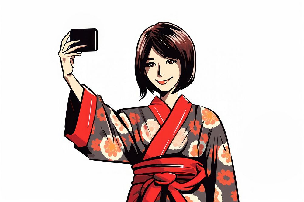 Isolated woman in kimono selfie cartoon adult robe. AI generated Image by rawpixel.