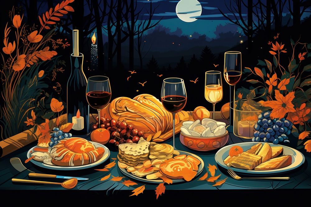 Illustration of festive dinner painting food meal. AI generated Image by rawpixel.