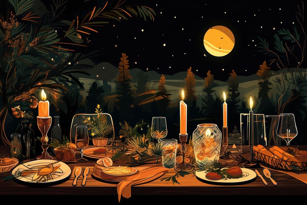 Illustration of festive dinner restaurant glass table. AI generated Image by rawpixel.