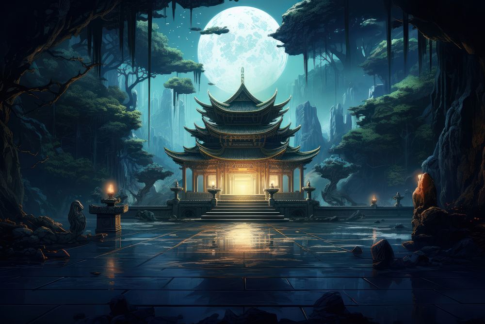 Temple environment outdoors night moon. AI generated Image by rawpixel.