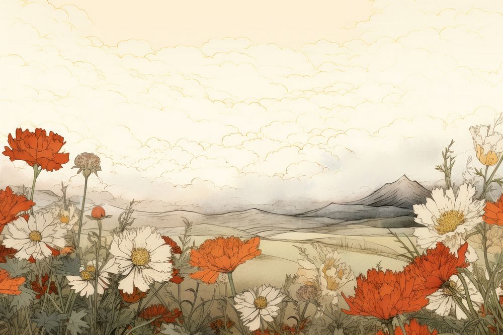 Flower field backdrop painting plant tranquility. AI generated Image by rawpixel.