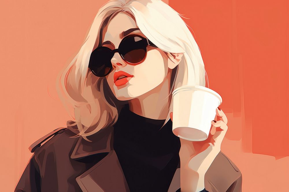 Illustration of y2k girl drinking coffee mug adult cup refreshment. 