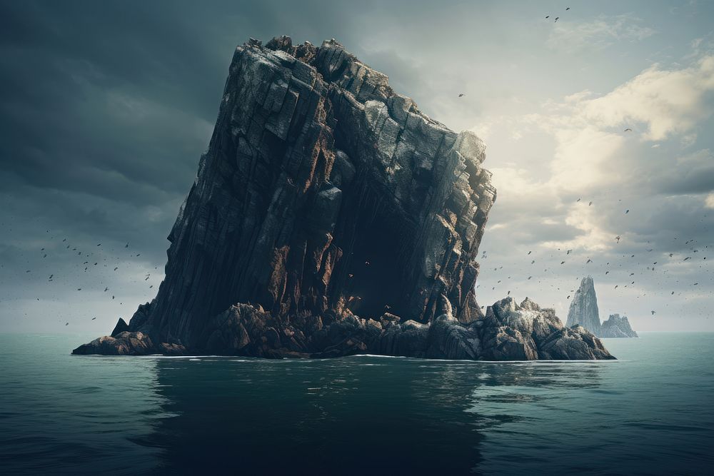 Giant rock floating in ocean landscape outdoors nature. AI generated Image by rawpixel.