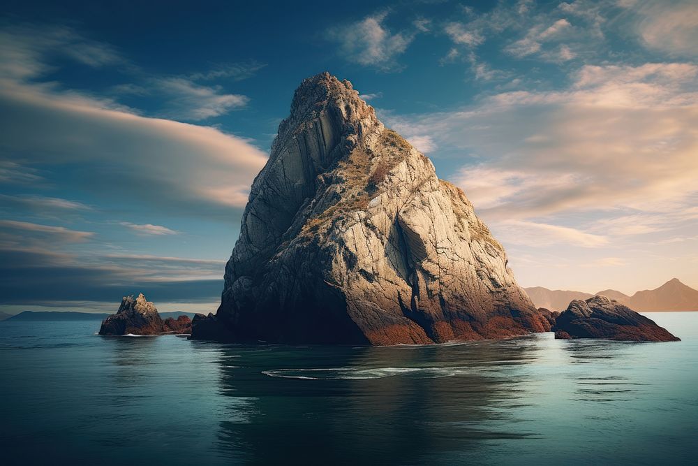 Giant rock floating in ocean landscape mountain outdoors. AI generated Image by rawpixel.
