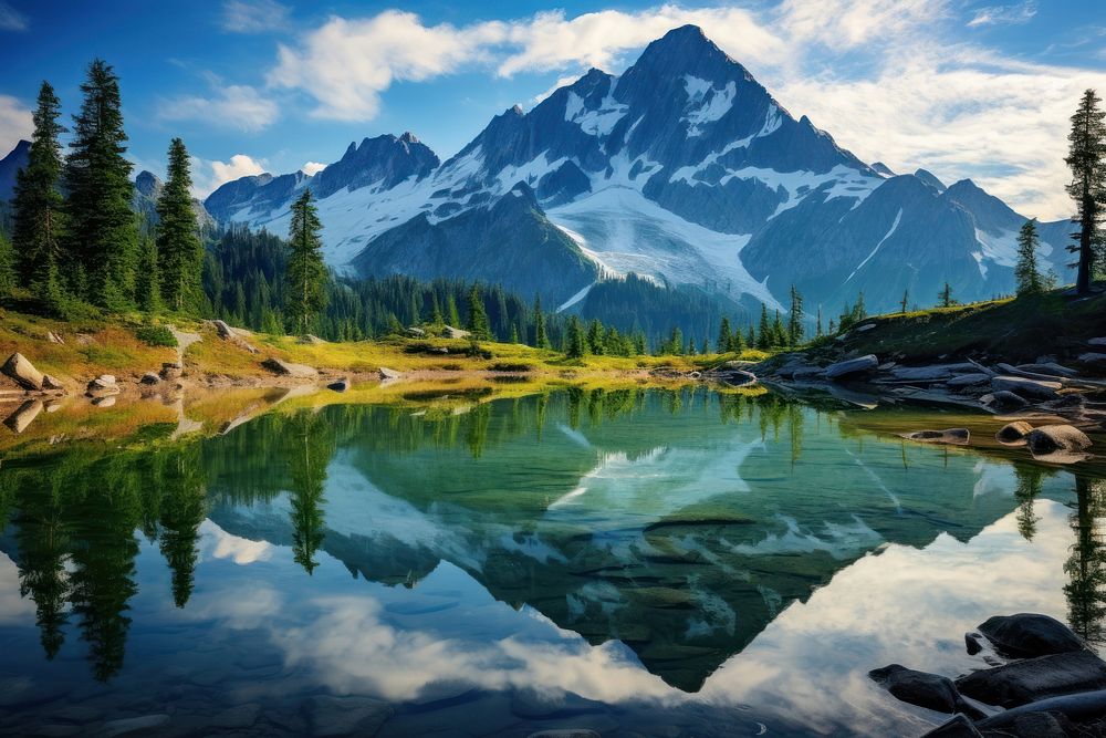 Mountain reflect on water landscape wilderness panoramic. AI generated Image by rawpixel.
