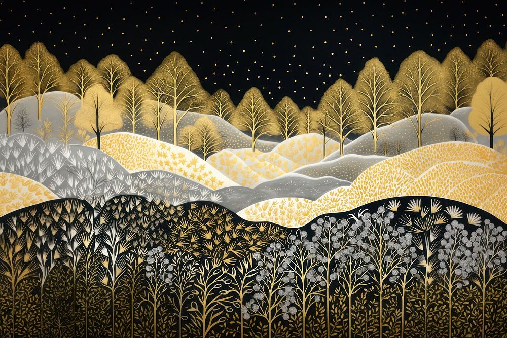 Line illustration of gold and silver nature landscape pattern. AI generated Image by rawpixel.