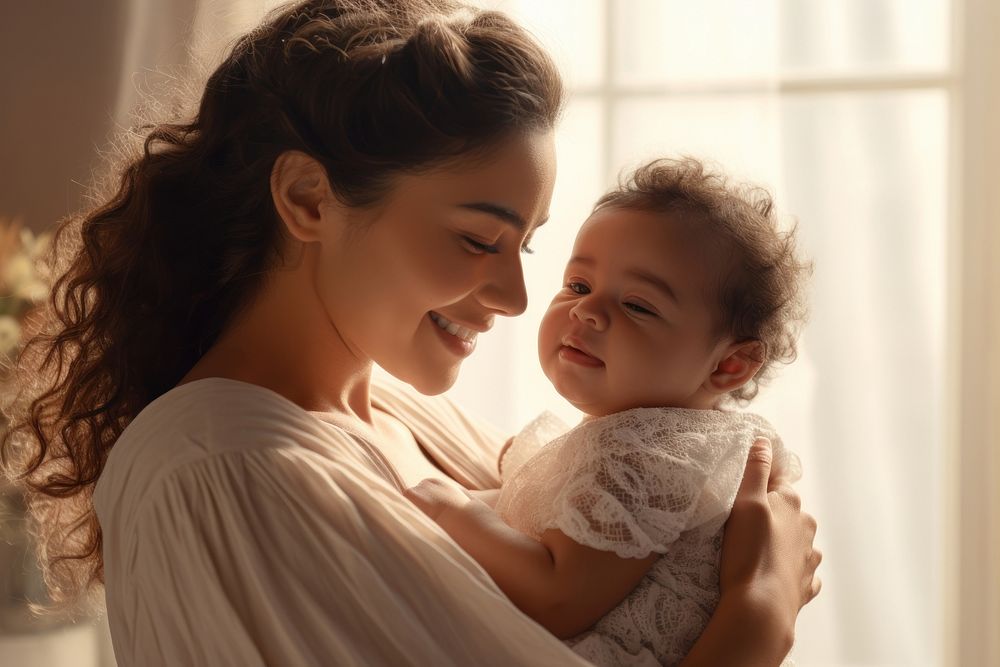 Local Latin woman looking at her baby daughter in her arms photography portrait newborn. AI generated Image by rawpixel.