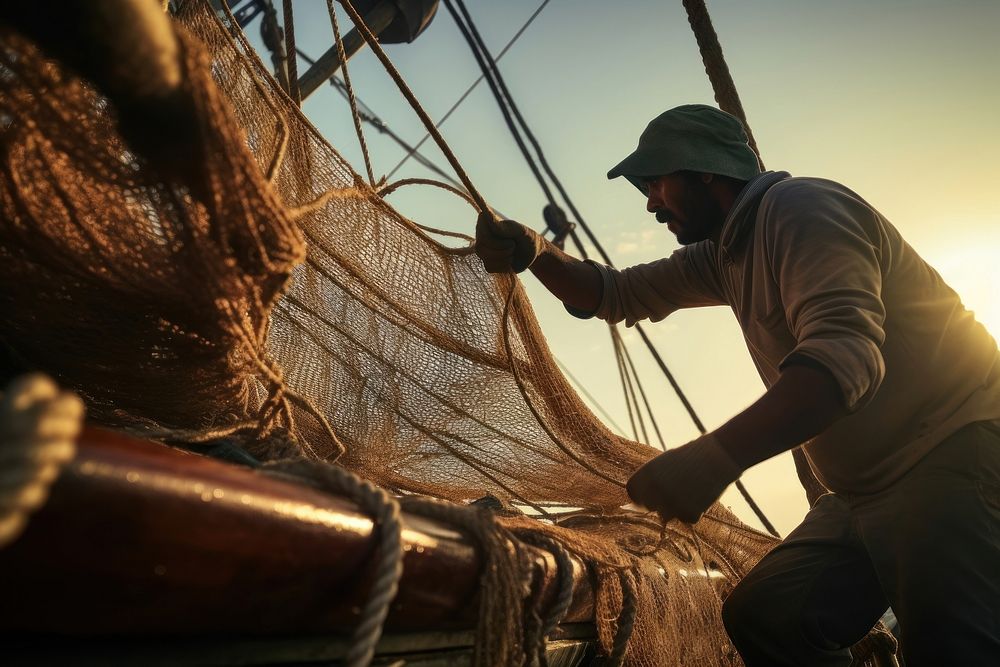 Men working on fishing net using an anchor on fishing ship industry outdoors nature. AI generated Image by rawpixel.