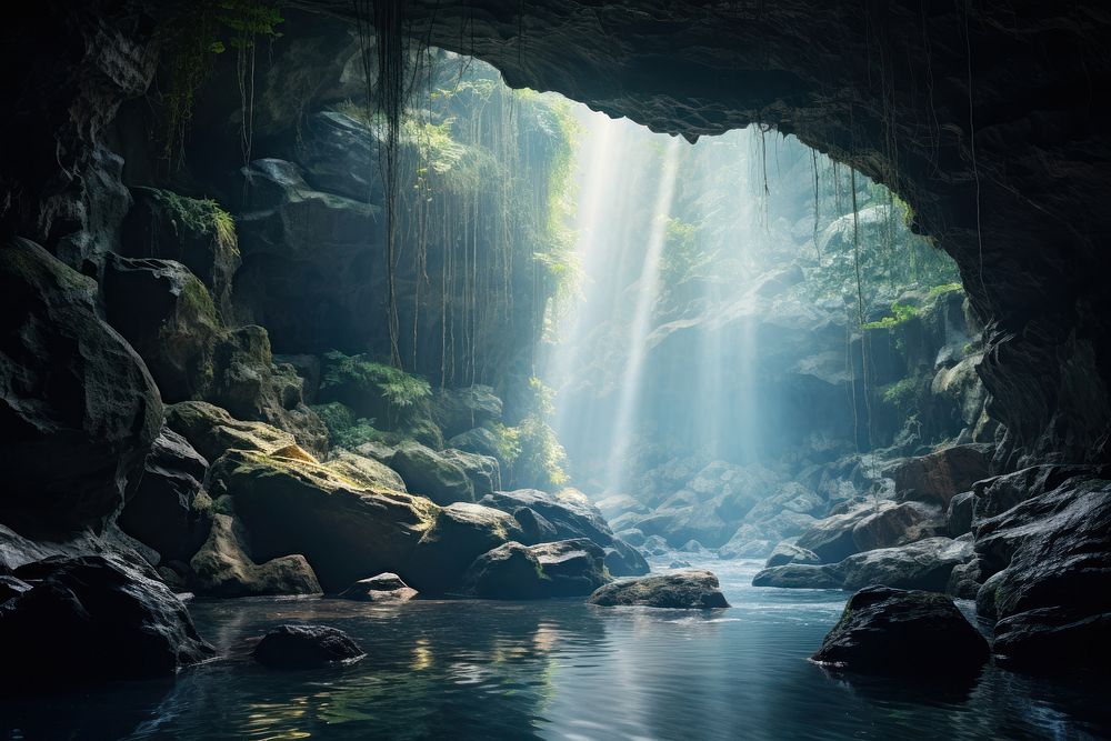 Waterfall cave sunlight outdoors nature. AI generated Image by rawpixel.