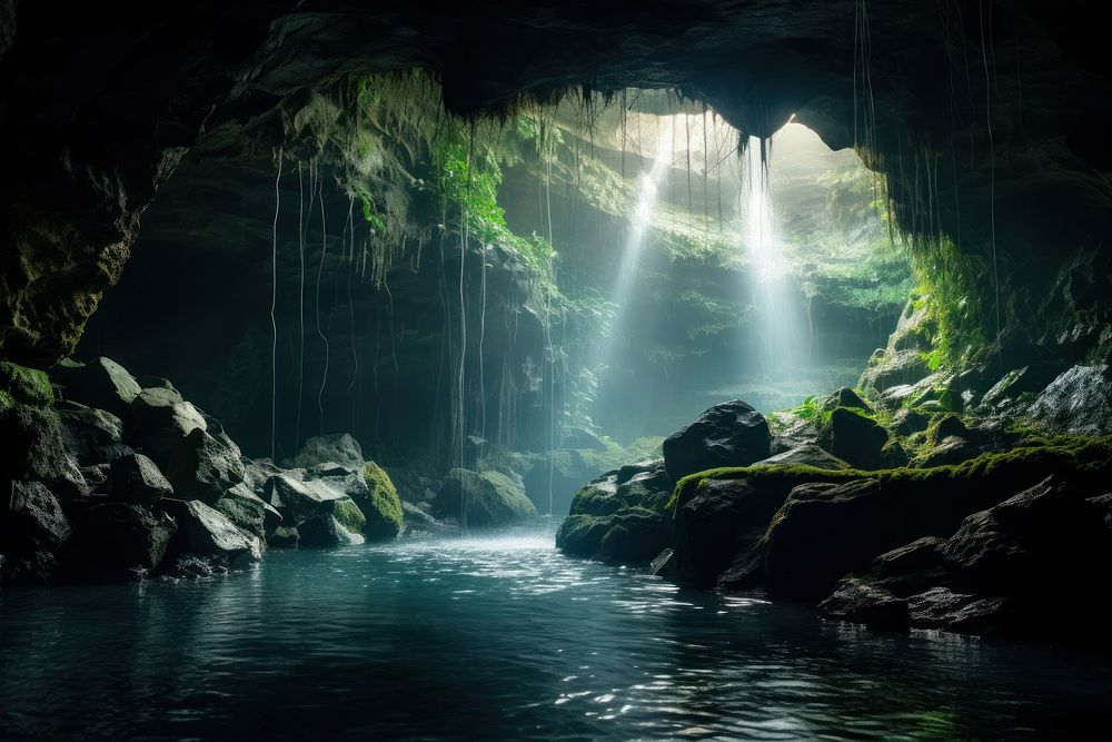 Waterfall cave outdoors nature plant. 