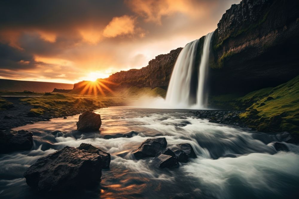 Waterfall at sunset nature landscape outdoors. AI generated Image by rawpixel.