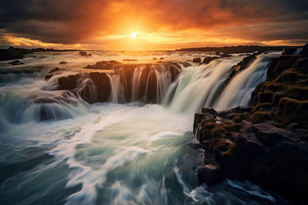 Waterfall at sunset nature landscape outdoors. AI generated Image by rawpixel.