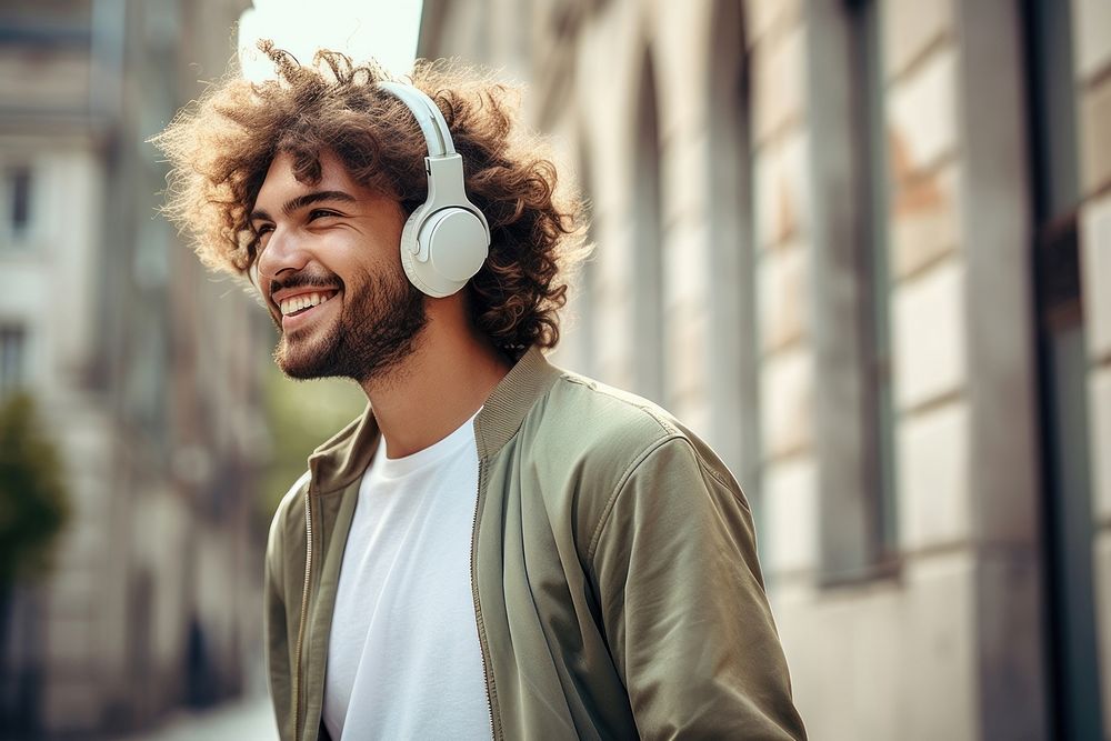 Young man enjoying music while walking in the wall streets headphones laughing adult. AI generated Image by rawpixel.