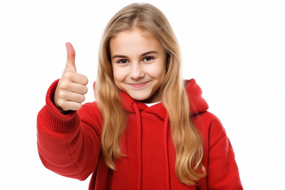 Girl showing thumb up sweatshirt sweater finger. AI generated Image by rawpixel.