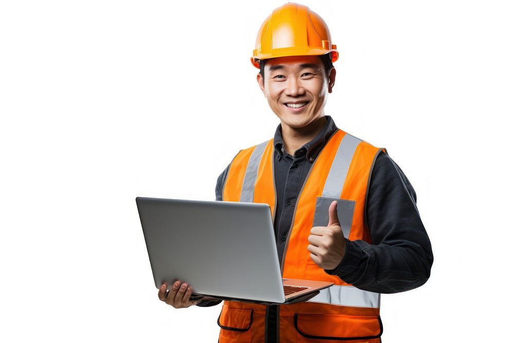 A Japanese civil engineer wearing safety gear laptop computer holding. AI generated Image by rawpixel.