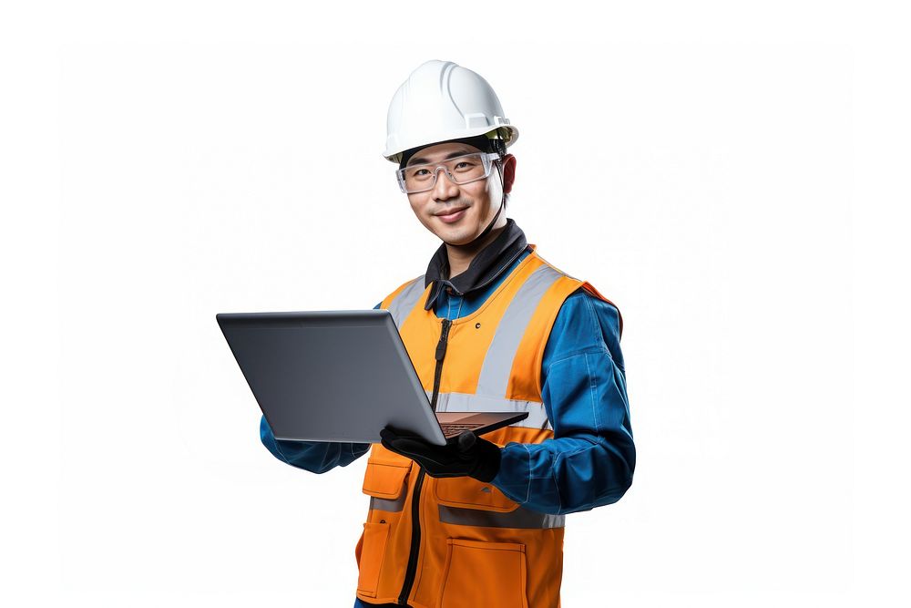 A Japanese civil engineer wearing safety gear laptop computer holding. AI generated Image by rawpixel.