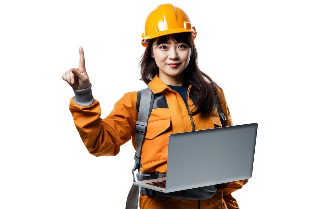 A Japanese female civil engineer wearing safety gear laptop pointing computer. AI generated Image by rawpixel.
