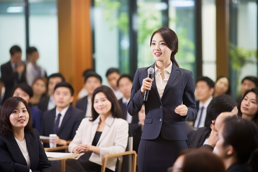 A Taiwanese businesswoman doing a presentation audience meeting adult. AI generated Image by rawpixel.