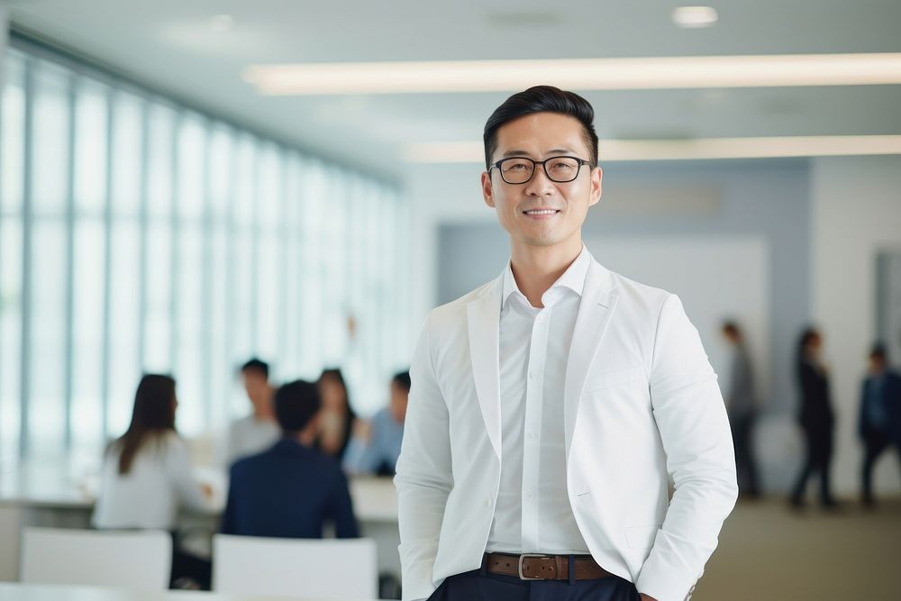 An Eastern Asian businessman standing and talking glasses adult shirt. AI generated Image by rawpixel.