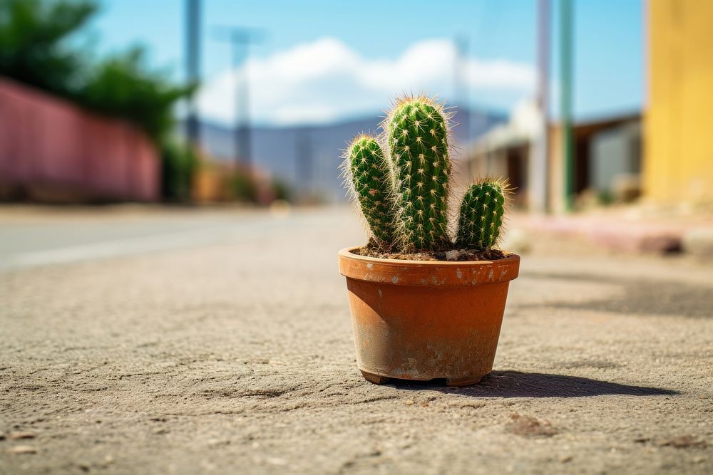 Cactus in a pot standing in the midddle of the road plant architecture houseplant. AI generated Image by rawpixel.