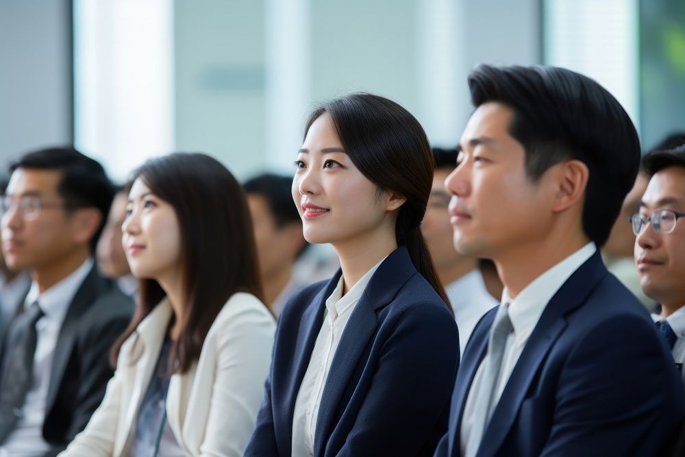 A group of Japanese businesspeople watching someone giving a presentation on a board adult togetherness cooperation. AI…