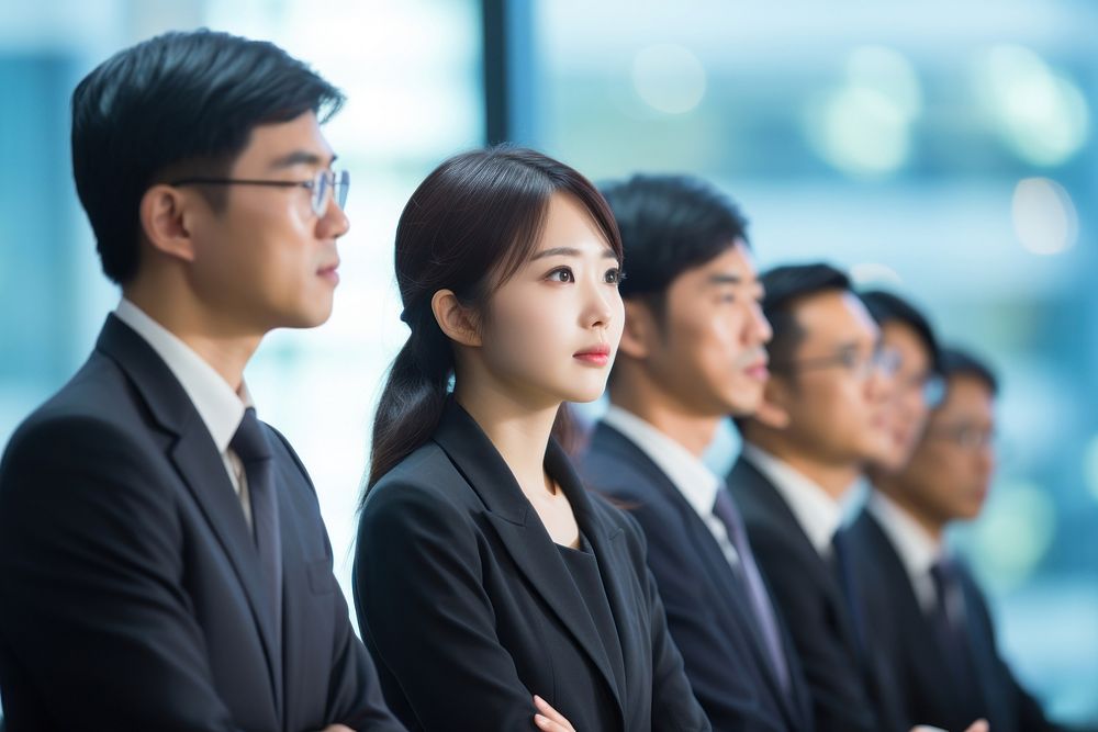 A group of Japanese businesspeople watching someone giving a presentation on a board adult togetherness cooperation. AI…