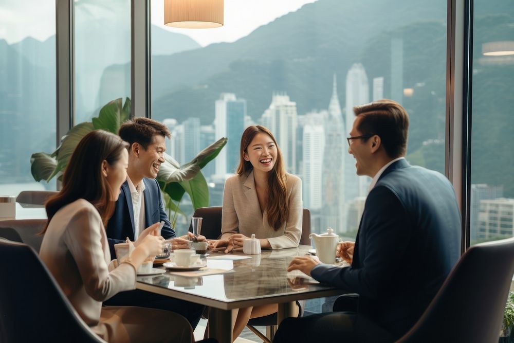 Hong Kong businesspeople conversation meeting coffee. AI generated Image by rawpixel.