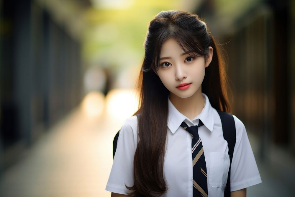 Female korean student in school uniform portrait photo contemplation. AI generated Image by rawpixel.