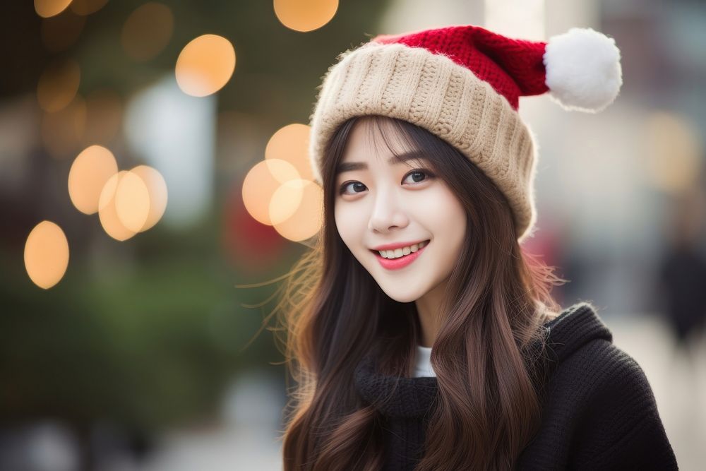 Female japanese student wearing christmas hat outdoors adult smile. AI generated Image by rawpixel.