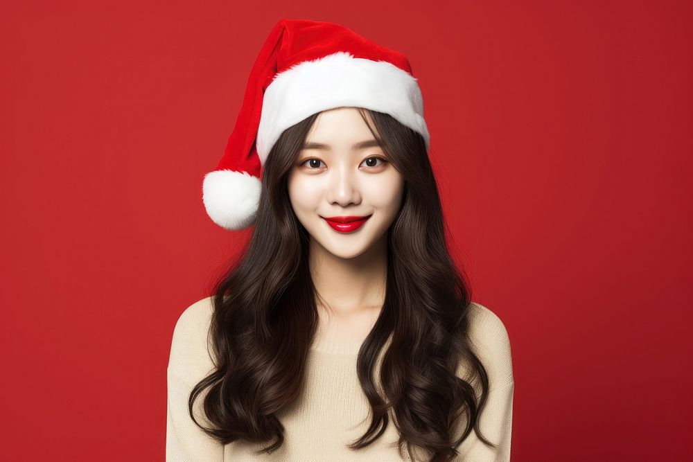 Korean fashionista wearing christmas hat portrait adult photo. AI generated Image by rawpixel.