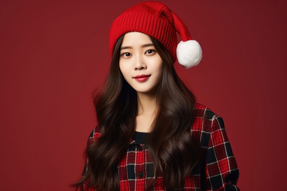 Korean fashionista wearing christmas hat portrait photo celebration. AI generated Image by rawpixel.